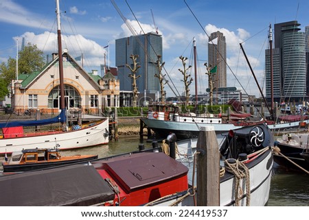 Rotterdam port (Veerhaven) and city skyline in South Holland, the Netherlands.