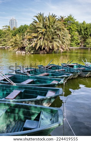 Row boats for rent at the lake of Ciutadella Park in Barcelona, Catalonia, Spain.