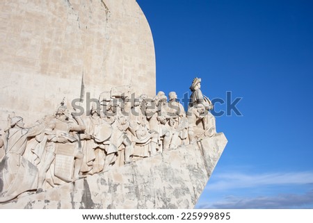Western side of the Monument to the Discoveries (Padrao dos Descobrimentos) by the Tagus River in Belem district of Lisbon in Portugal.