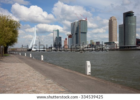 City of Rotterdam skyline, waterfront of Nieuwe Maas river in Netherlands, South Holland province.