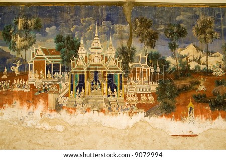 Old paintings on Royal palace walls, Phnom Penh, Cambodia.