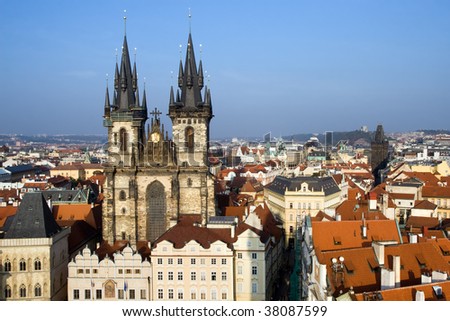 Church of Our Lady before Tyn and view over the Old Town In Prague, Czech Republic.