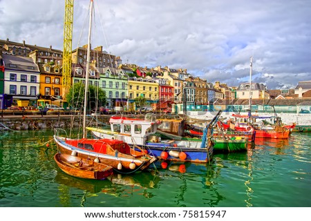  Cobh town harbour in Ireland, Cork County, HDR technique - stock photo