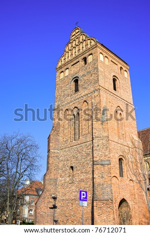 Gothic architecture style of the  St. Mary's Church (The Church of the Visitation of the Most Blessed Virgin Mary) bell tower in Warsaw, Poland