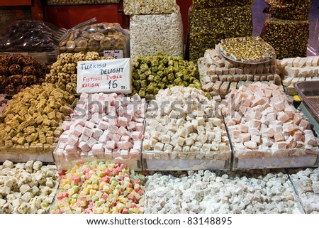 Traditional Turkish delight sweets at the Spice Market (Egyptian Market) in Istanbul, Turkey