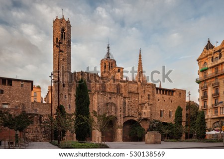 Chapel of St. Agatha and Roman wall in Barcelona, Catalonia, Spain, Gothic architecture, view from Placa Ramon Berenguer el Gran.