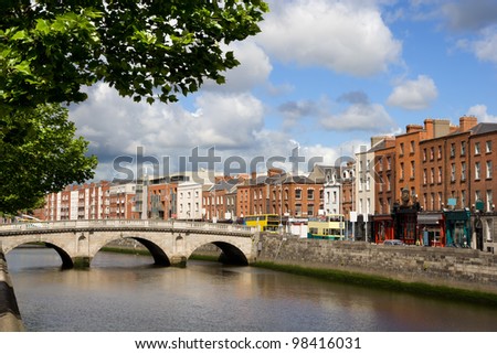 City of Dublin with an old Mellows Bridge (Queen Maeve Bridge) on the river Liffey in Ireland