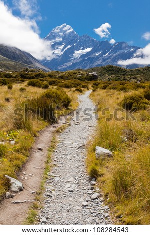 Trail through tussock in Hooker Valley, section of a track leading to Aoraki, Mount Cook, highest peak of Southern Alps, an icon of New Zealand partially covered in clouds