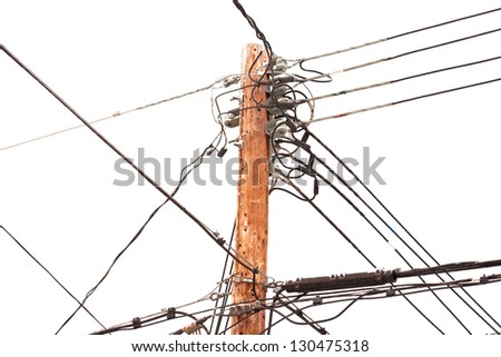 Utility pole hung with electricity power cables for residential supply
