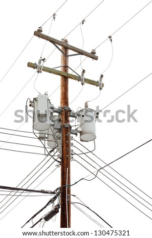 Utility pole hung with electricity power cables and transformers for residential supply