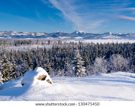 Beautiful winter wilderness landscape of frozen Lake Laberge  Yukon Territory  Canada