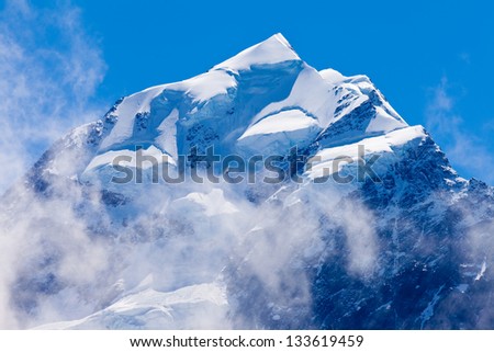 Icy summit top of iconic Aoraki Mount Cook highest peak of South Island  New Zealand