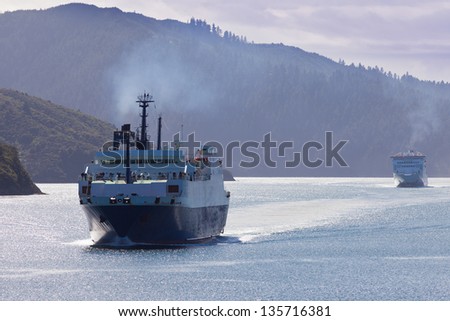 Huge car ferry ships in calm water of Marlborough Sounds  South Island  New Zealand