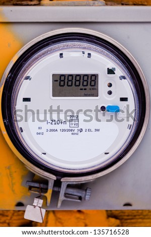 Modern smart grid residential digital power supply meter on grungy base with LCD display ready to be edited for your message