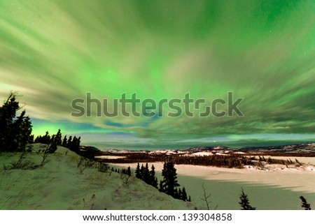 Light clouds and Northern Lights or Aurora borealis or polar lights on night sky over snowy winter landscape of Lake Laberge  Yukon Territory  Canada