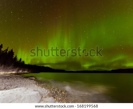 Night sky with Aurora borealis, Northern Lights, or Polar Lights over illuminated shore of Lake Laberge, Yukon Territory, Canada