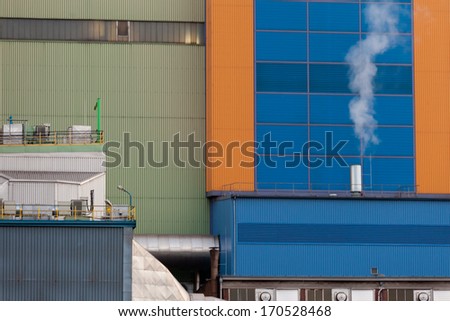 Building complex detail and exhaust pipe of modern waste-to-energy facility in Oberhausen, Germany, Europe