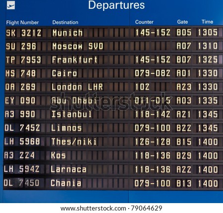 Airport departures information board and airport hall ceiling - air travel background