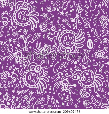 Funny doodle seamless pattern on lilac background