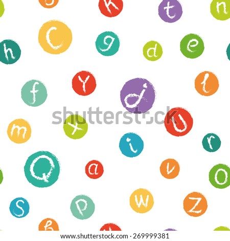 Seamless pattern - funny english alphabet. Hand drawn chalk like letters in colorful circles. Rasterised copy. Good for children\'s stuff, wrapping paper, scrapbooking and stationery supplies.