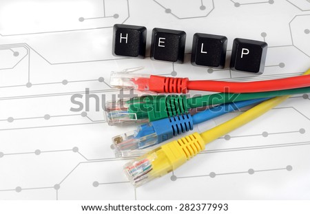 IT HELP, Assistance - HELP made of keyboard keys with colourful network cables on white circuit board background
