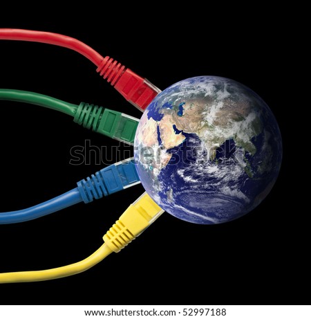 Connected world - Colored Network Cables wired to the Earth Globe. (Earth map courtesy of NASA http://visibleearth.nasa.gov)