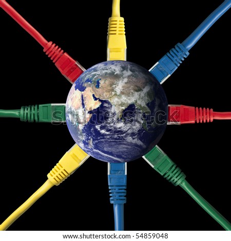 Connected world - Colored Network Cables wired to the Earth Globe from all directions isolated on Black Background (Earth map courtesy of NASA(Earth map courtesy of NASA http://visibleearth.nasa.gov)