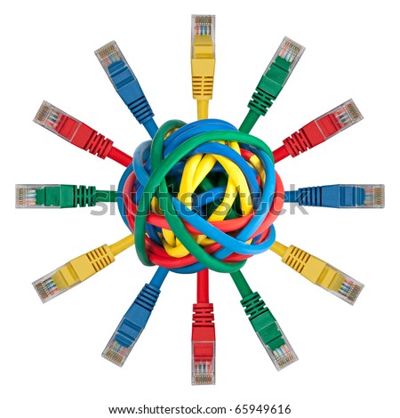 Ball of colored cables with network plugs pointing in every direction