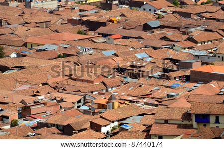 View of Roof Tops of Shanty Town in Cuzco. Aerial View of Slum in Cuzco Peru