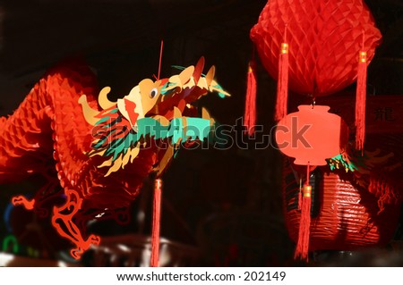 Paper dragon and lanterns in Chinatown, New York City