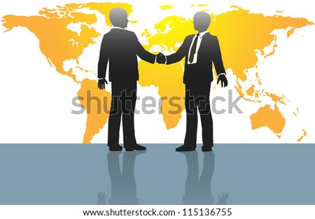 Business people handshake on global deal in front of world map