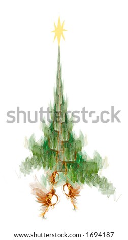 Highly detailed image. Brassy, golden decorations on an abstract Christmas Treetop design.