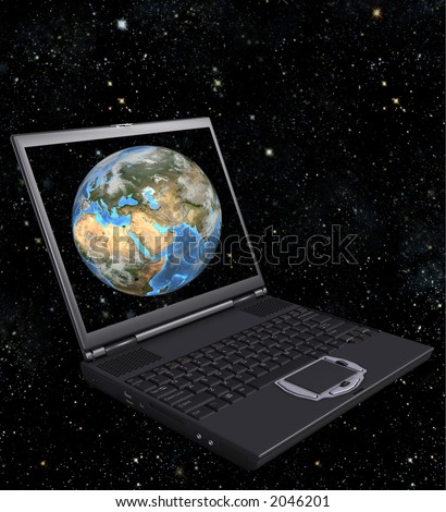 3D render of generic laptop, the monitor as a window on the Earth in space. Eastern Hemisphere.