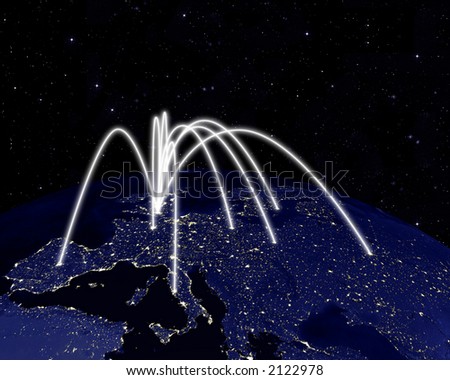 3D render of Earth - Europe - at night, with Inter-city comm-links, flight paths, business connections, etc. to and from London.