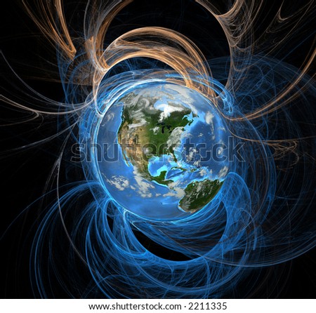 Earth emanating an aura of energy fields, Western Hemisphere.