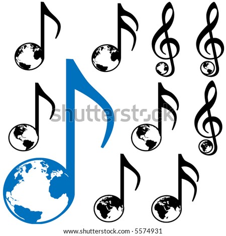 stock vector Set of Nine World Music symbols 3 different earth globes 