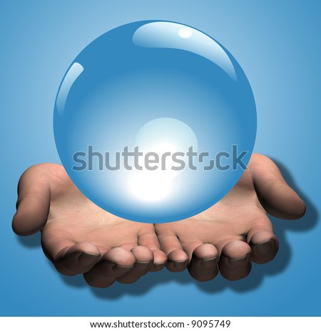 Hands - a 3D render - hold a shiny blue crystal ball as a background: prediction; prophecy; fortune telling; future; etc. Illustration.