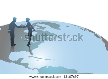 Business people, man and woman, meet in handshake to close a deal in the US on a world globe.