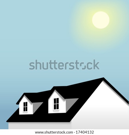 An illustration of a home with roof dormer windows, under a blue sky background. Includes a clipping path for the house.