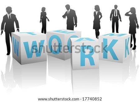 A team of business people, men and women, with cubes or blocks spelling TEAM WORK on a plain white background.