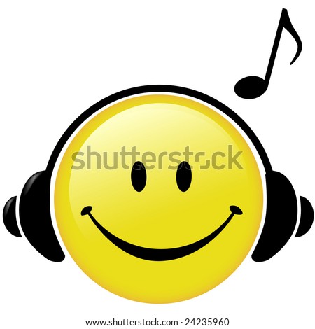  Smiley Face button wears Headphones and a Musical Note symbol shows