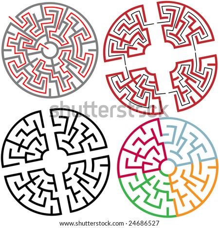 Variations of Circle and Arc Maze Puzzle Parts, with solution, colors, in parts.
