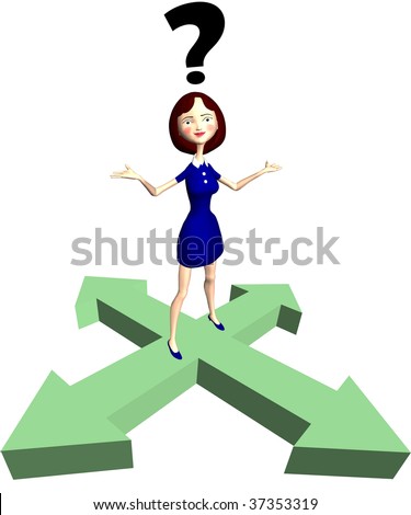 stock photo : A cartoon woman under a question mark as indecision concept or 