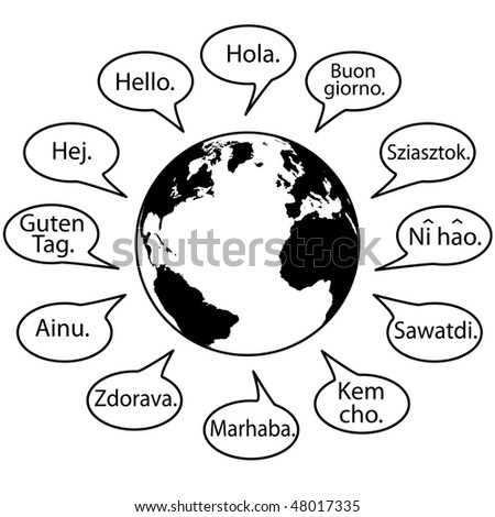 stock vector : Translate Earth Languages say Hello World in speech bubbles.