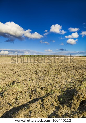 plunge plowed brown clay soil field blue sky horizon
