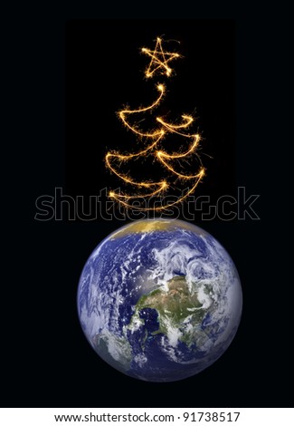 New Year\'s fur-tree on the globe as a symbol of a general holiday