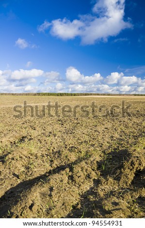 plowed brown clay soil field blue sky horizon