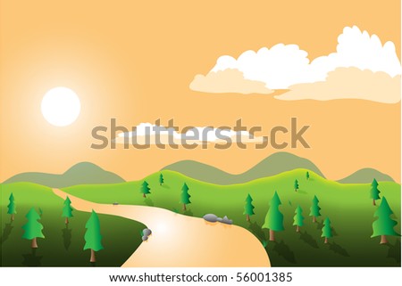 Image of a landscape with trees, river, sky, sun and mountains.