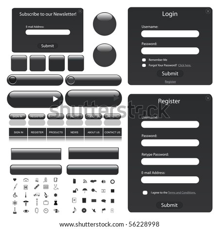 Web template with forms bars buttons and many icons Web template with forms bars buttons and many icons