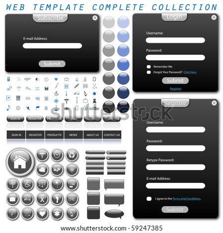 Complete web template with forms bars buttons icons and chat bubbles Complete web template with forms bars buttons icons and chat bubbles